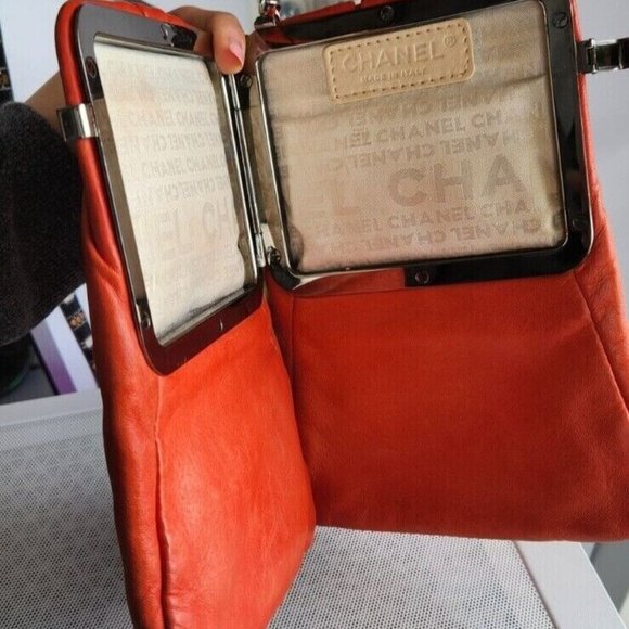 Chanel Framed Clutch with Chain Ruched Red Lambskin Polished Ruthenium Hardware. - Picture 1 of 7